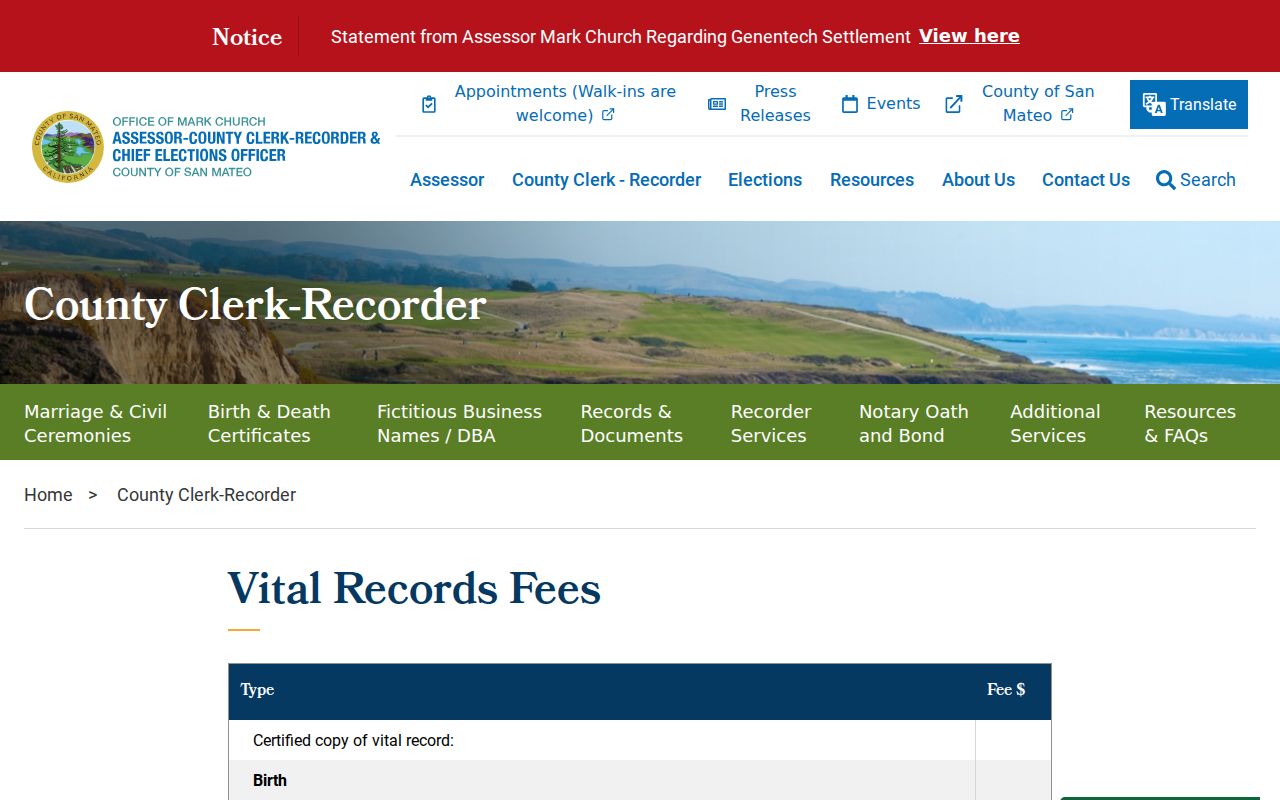 Burlingame previous residents San Mateo County vital-record fees