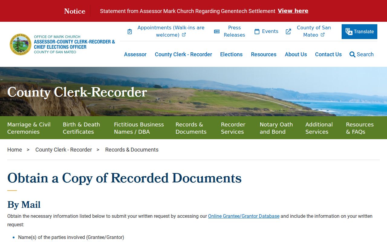 Burlingame street directory recorded document copy instructions from the county recorder