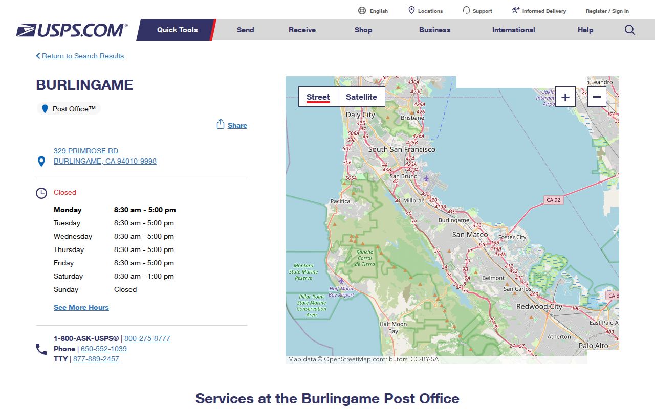 Burlingame ZIP directory view of the USPS Burlingame Post Office
